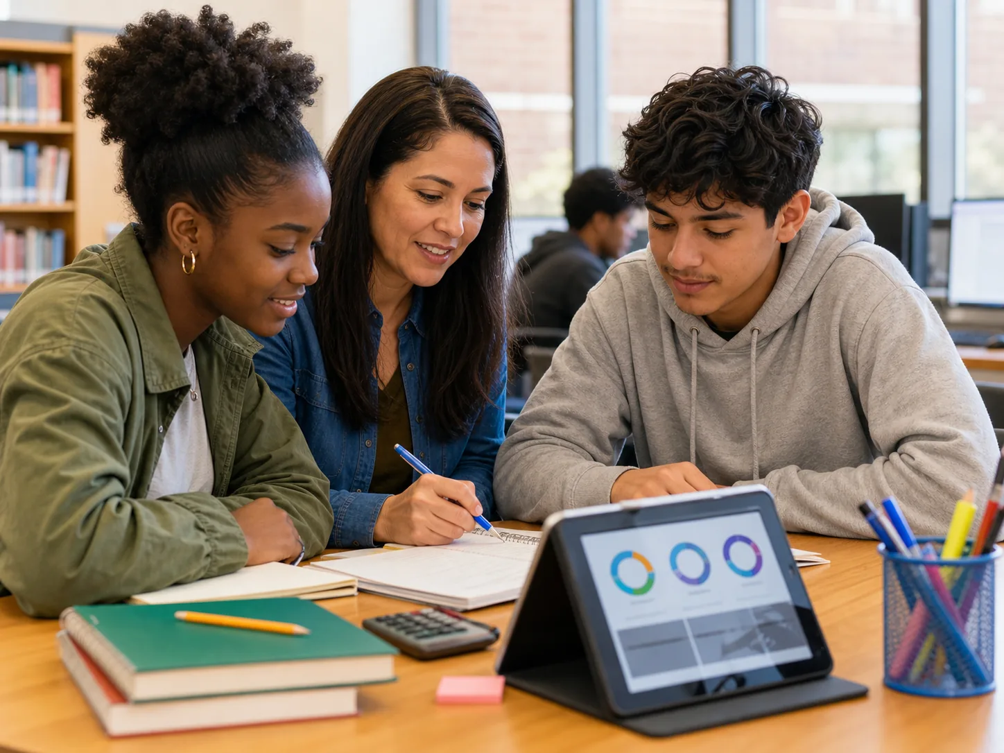 Student planning CLEP credits with a mentor at a desk