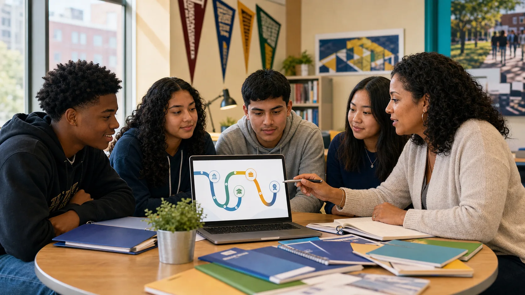 Students and a counselor planning a college and career roadmap together